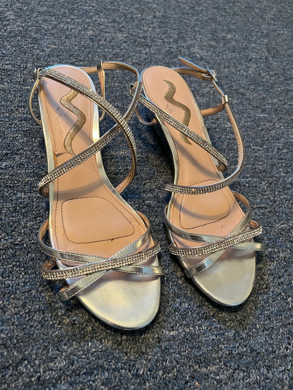 Nina Metallic Silver Strappy Women's Dress Sandals with Wedge heel 8.5